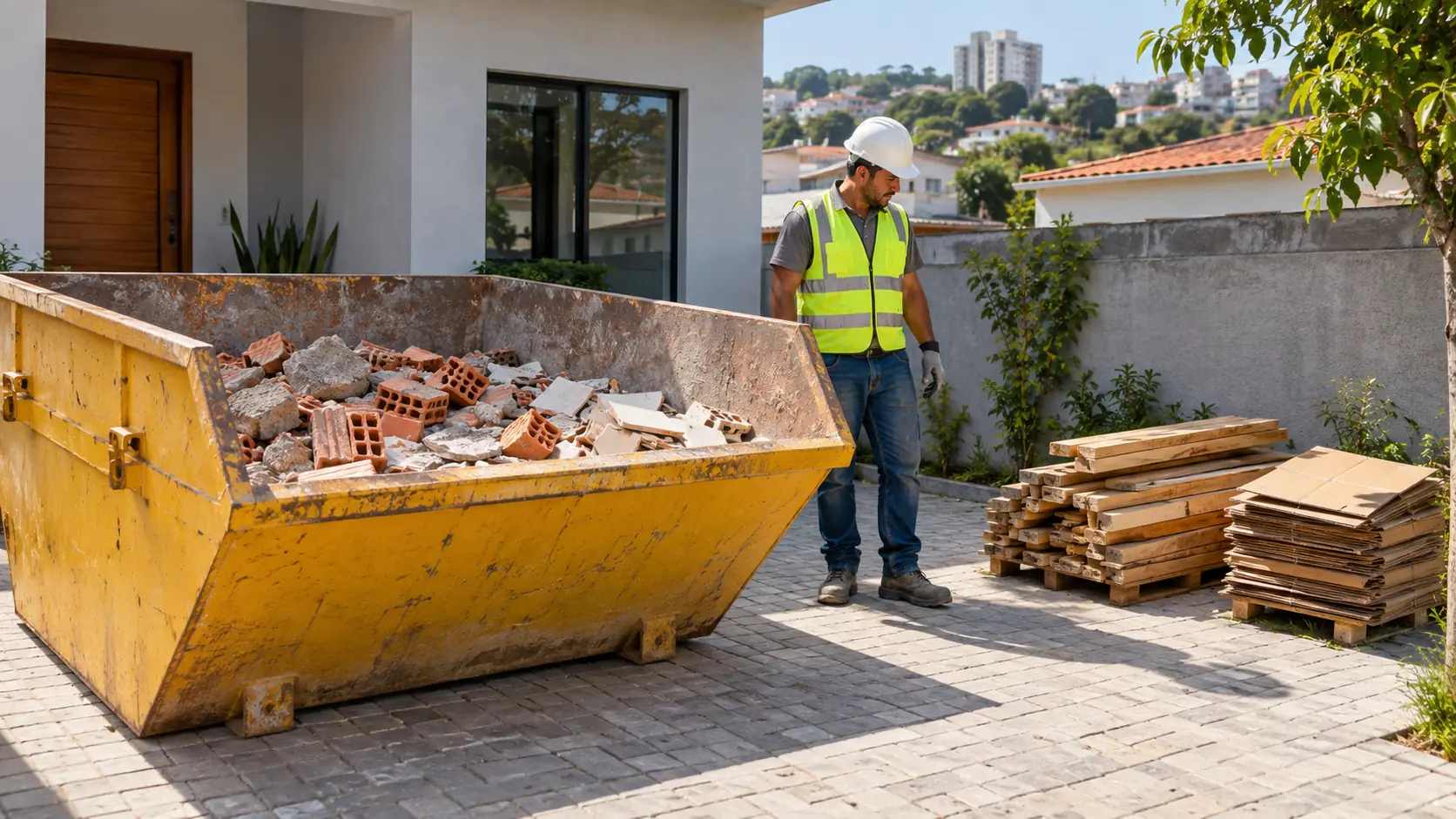 Caçamba com tijolos e cerâmica, com madeira e papelão separados em uma reforma residencial
